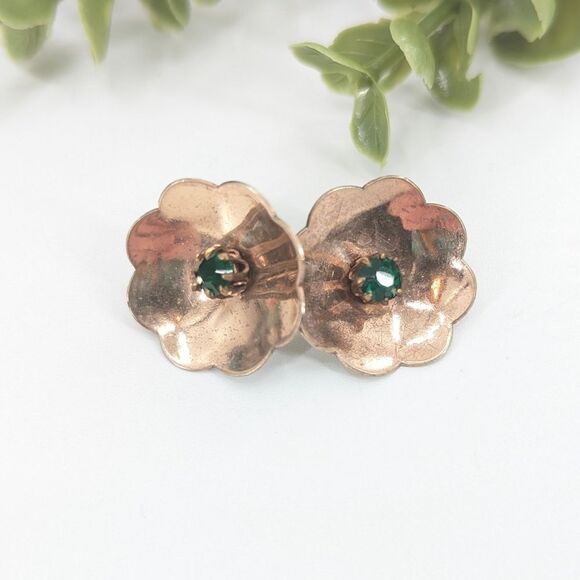 Sterling Silver Vermeil Signed Vintage Green Stone Emerald Flower Earrings - Picture 1 of 3